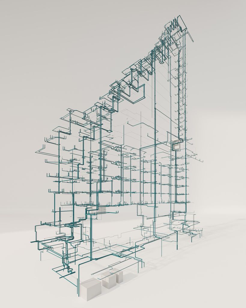 Intricate 3D rendering of a building's structural and MEP systems.